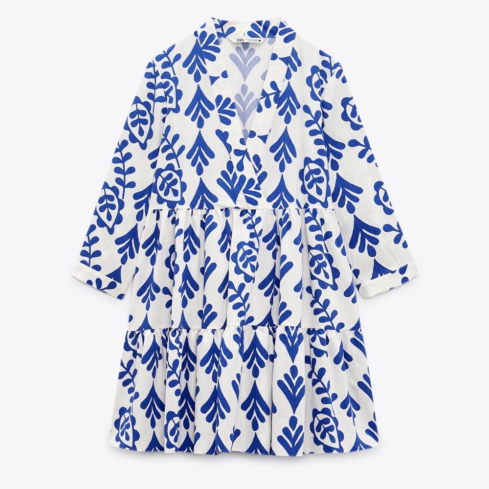 Zara Blue & White Printed Short Dress Size Medium